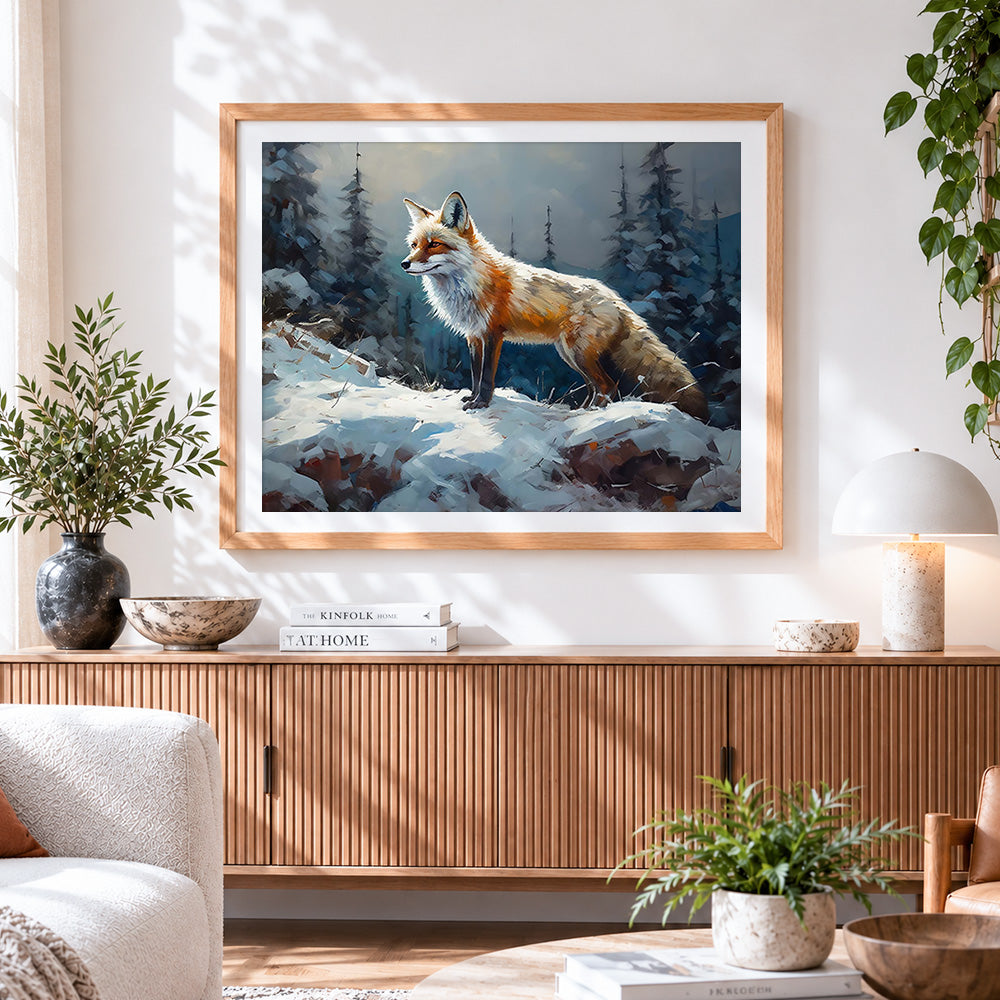 Finished red fox in a snowy forest cross stitch artwork displayed