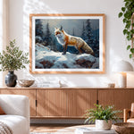 Finished red fox in a snowy forest paint by numbers artwork displayed as home decor