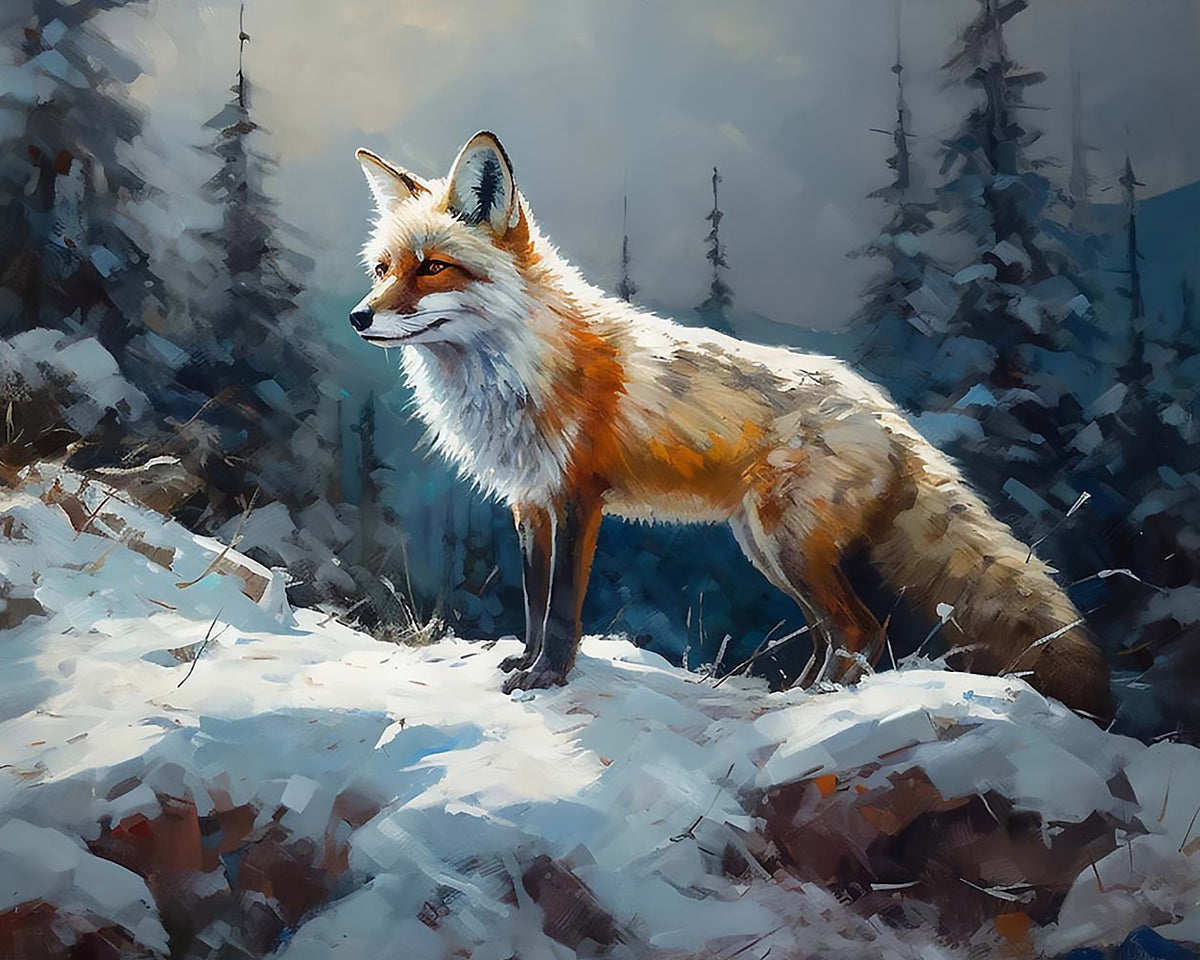 Red fox in a snowy forest paint by numbers kit for beginners