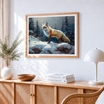 Red fox in a snowy forest paint by numbers artwork displayed on wall as home decor