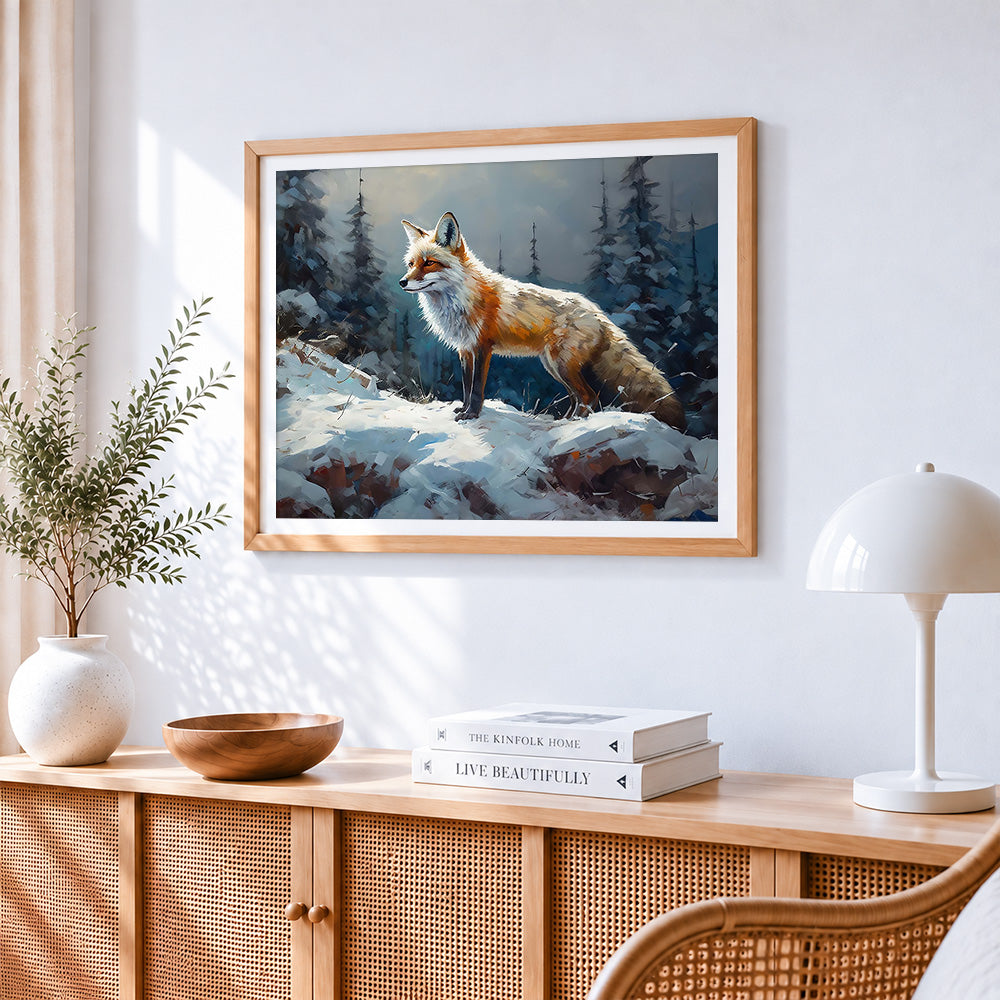 Red fox in a snowy forest paint by numbers artwork displayed on wall as home decor