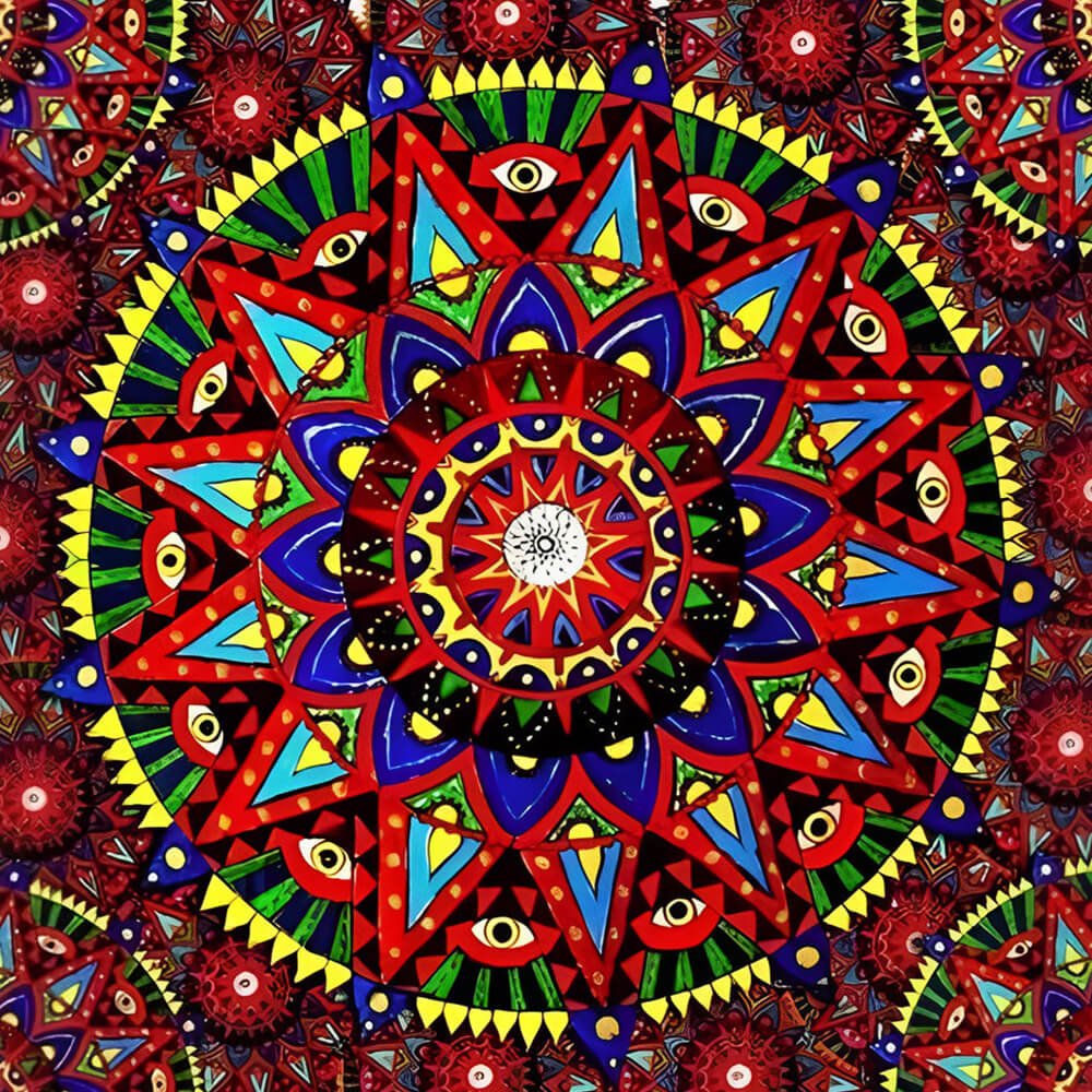 Red geometric mandala with eyes cross stitch kit for beginners