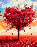 Red heart-shaped tree in autumn cross stitch kit for beginners