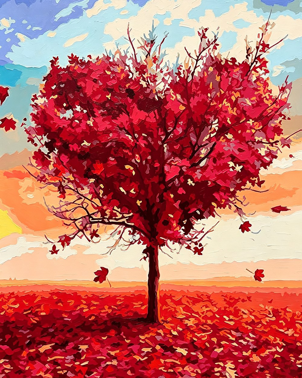Red heart-shaped tree in autumn cross stitch kit for beginners