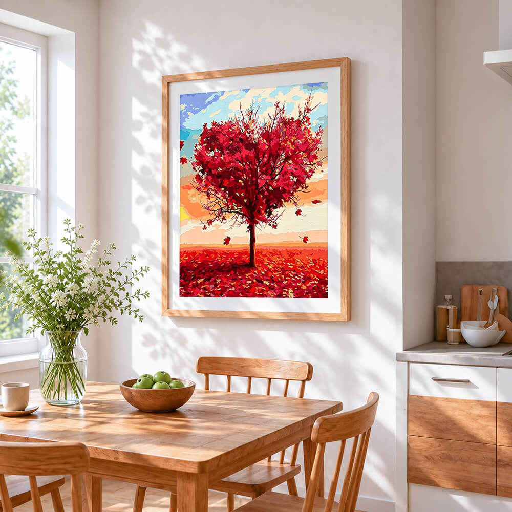 Red heart-shaped tree in autumn cross stitch artwork displayed on wall as home decor