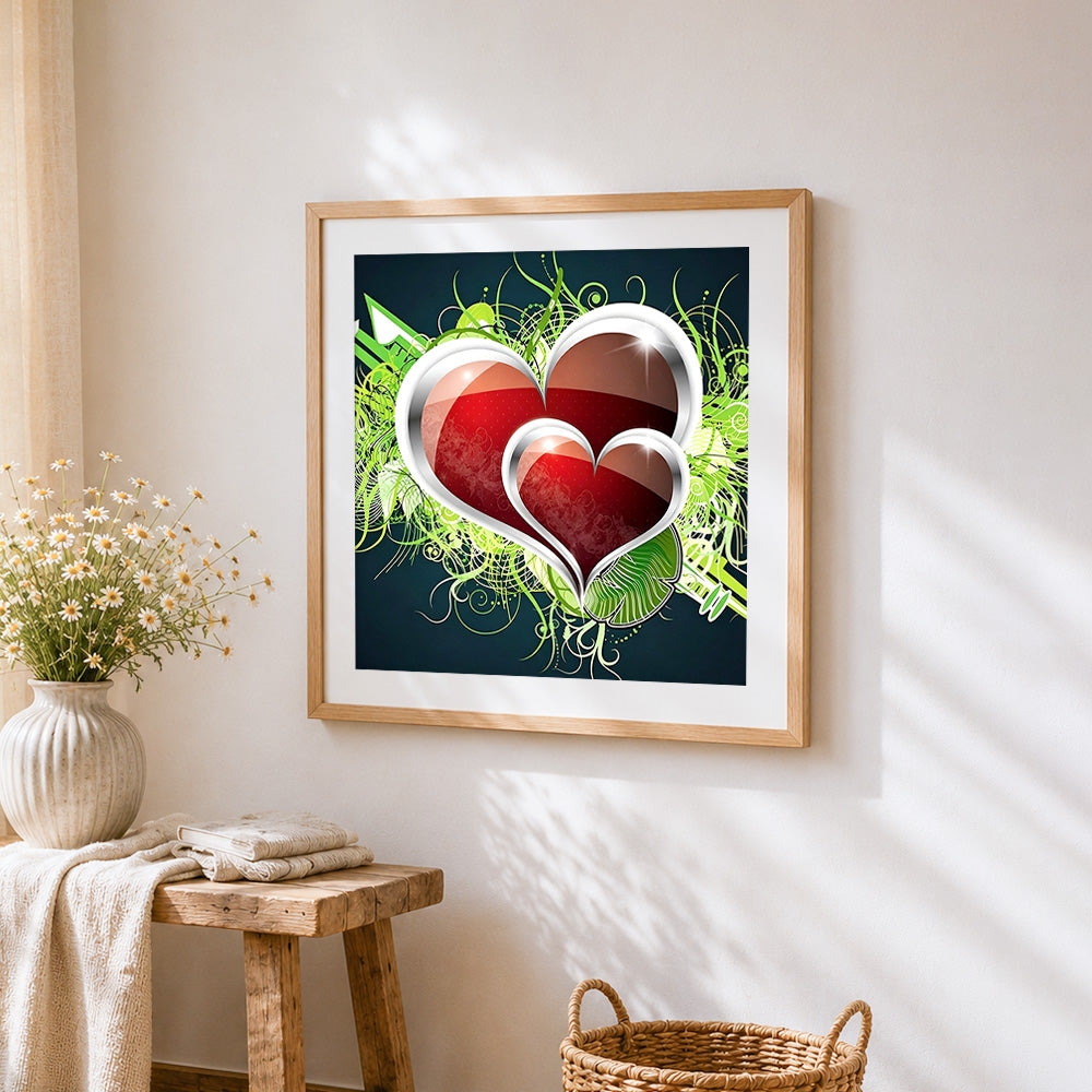 Red hearts and green vines cross stitch artwork displayed on wall as home decor