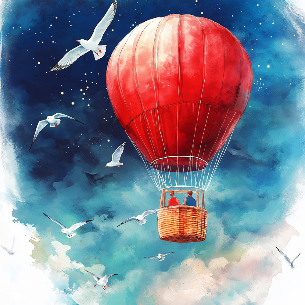 Red hot air balloon and seagulls cross stitch kit for beginners