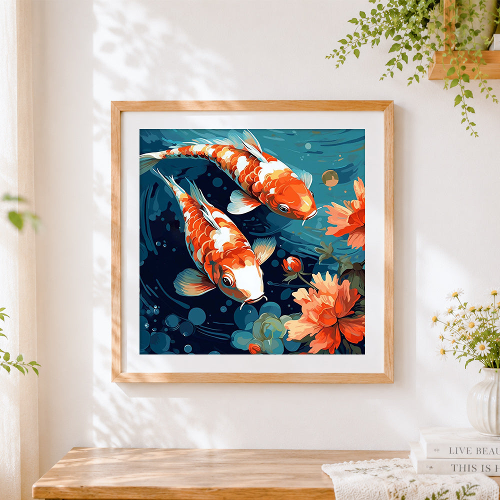 Finished red koi fish and lotus cross stitch artwork displayed