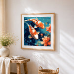Red koi fish and lotus cross stitch artwork displayed on wall as home decor