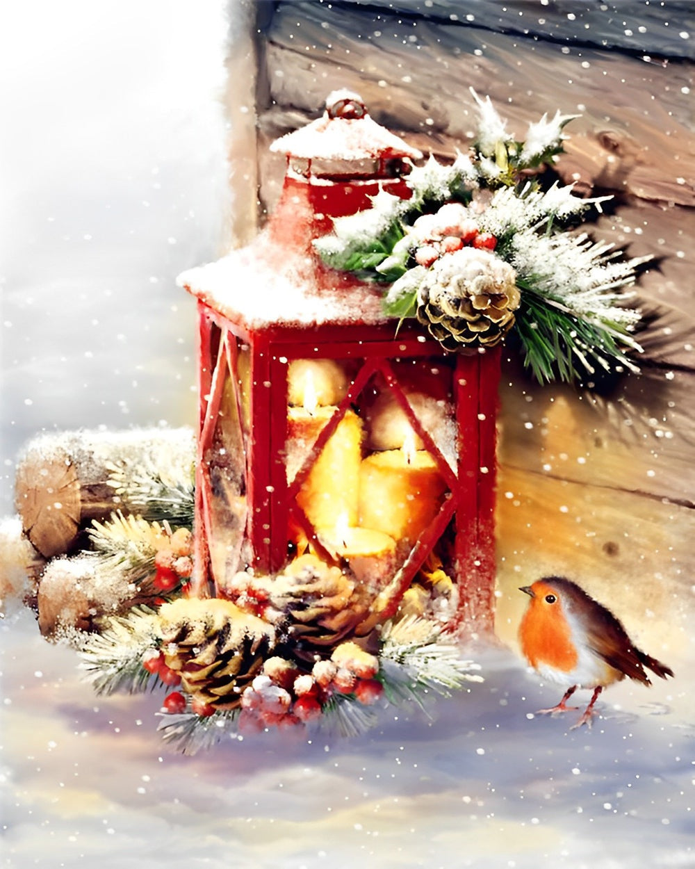 Red lantern and robin cross stitch kit for beginners