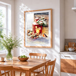 Red lantern and robin cross stitch artwork displayed on wall as home decor