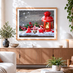Finished red lantern and snowy stars cross stitch artwork displayed