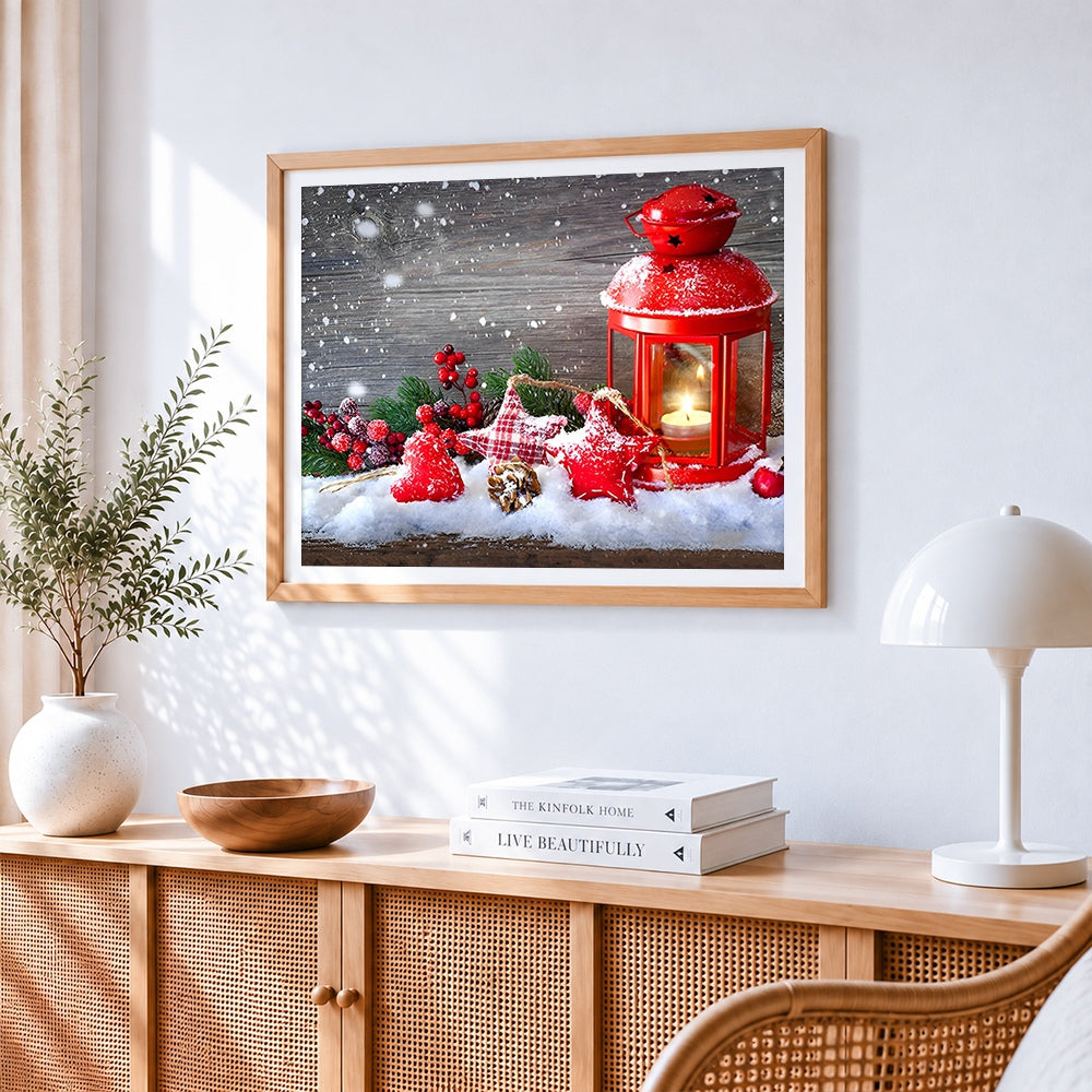 Red lantern and snowy stars cross stitch artwork displayed on wall as home decor