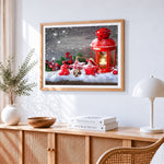 Red lantern and snowy stars cross stitch artwork displayed on wall as home decor