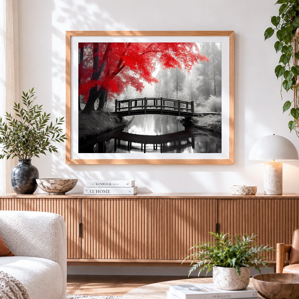 Finished red maple bridge cross stitch artwork displayed