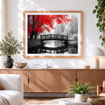 Finished red maple bridge paint by numbers artwork displayed as home decor