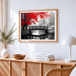Red maple bridge paint by numbers artwork displayed on wall as home decor