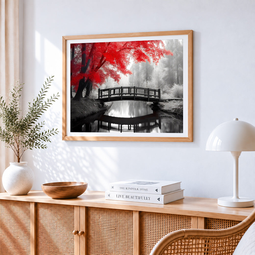 Red maple bridge paint by numbers artwork displayed on wall as home decor