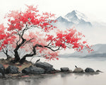 Red maple tree and snowy mountain lake cross stitch kit for beginners