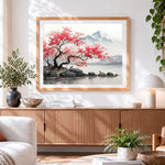 Finished red maple tree and snowy mountain lake paint by numbers artwork displayed as home decor