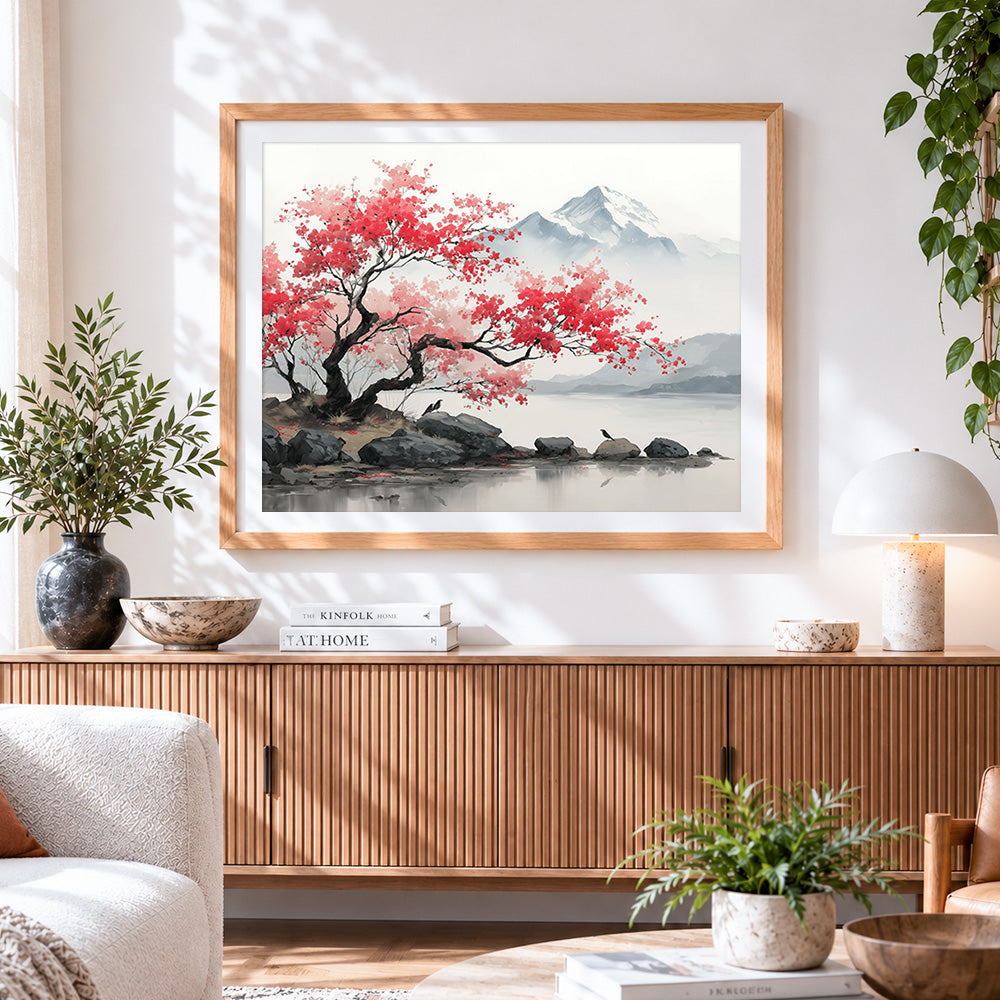 Finished red maple tree and snowy mountain lake paint by numbers artwork displayed as home decor