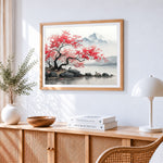Red maple tree and snowy mountain lake paint by numbers artwork displayed on wall as home decor
