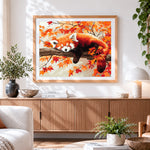 Finished red panda sleeping in autumn leaves cross stitch artwork displayed