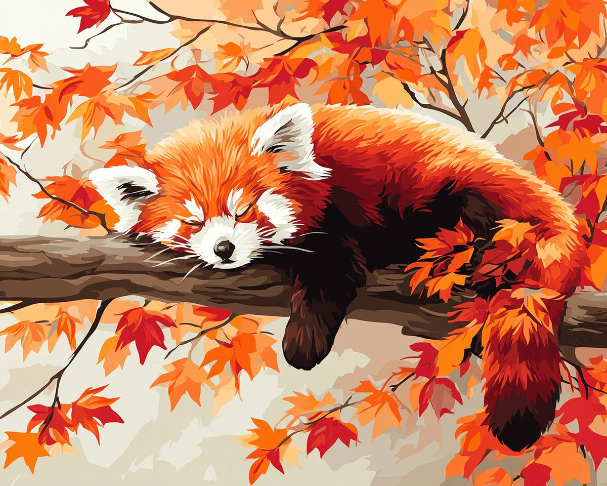 Red panda sleeping in autumn leaves paint by numbers kit for beginners
