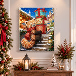 Finished red panda with stacked gifts pearl diamond painting artwork displayed as holiday home decor