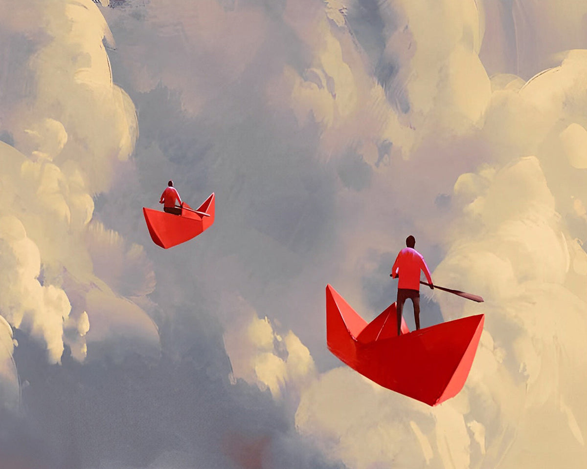 Red paper boats in the clouds cross stitch kit for beginners