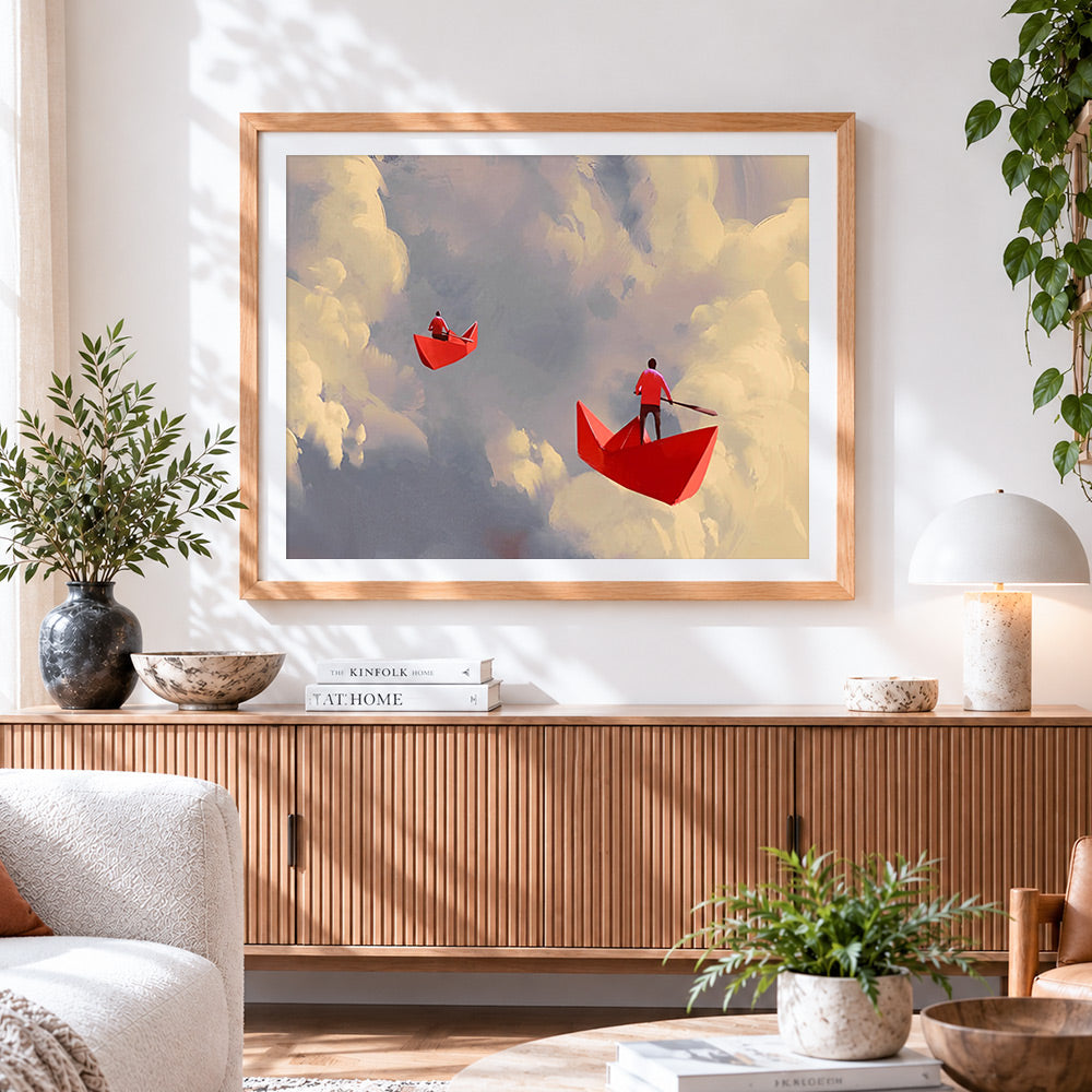 Finished red paper boats in the clouds paint by numbers artwork displayed as home decor