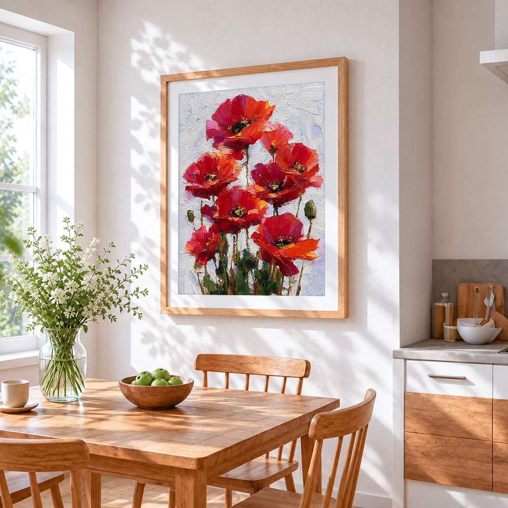 Red poppies cross stitch artwork displayed on wall as home decor