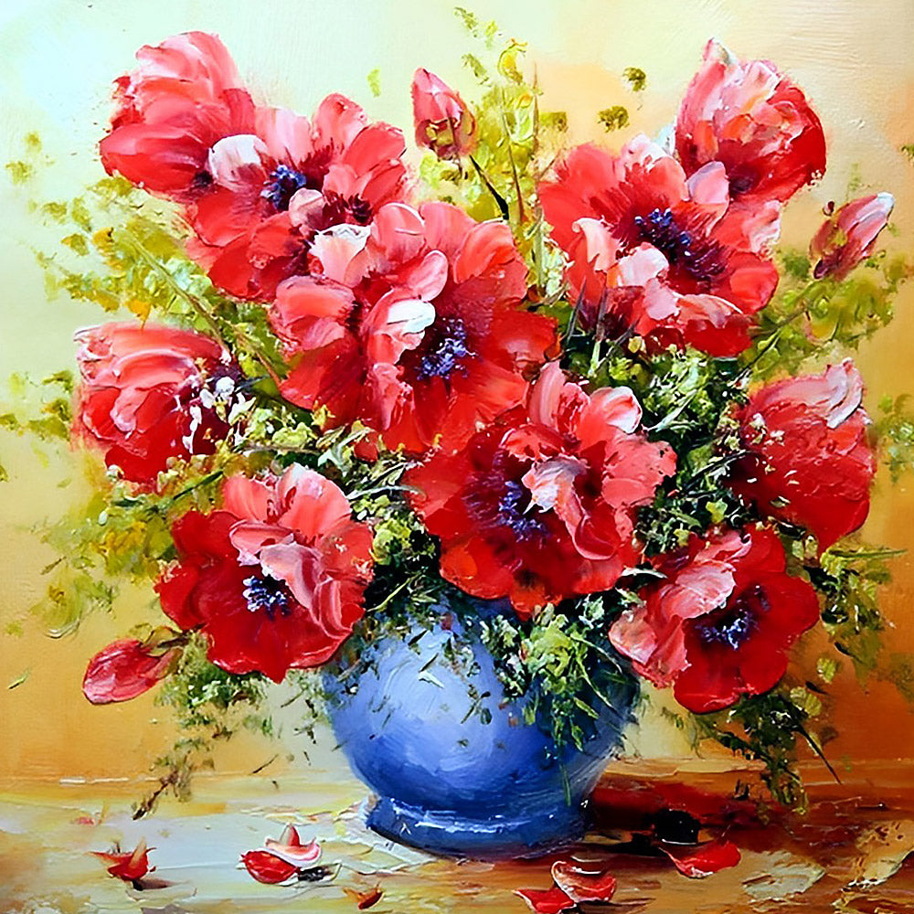 Red poppies in a blue vase cross stitch kit for beginners