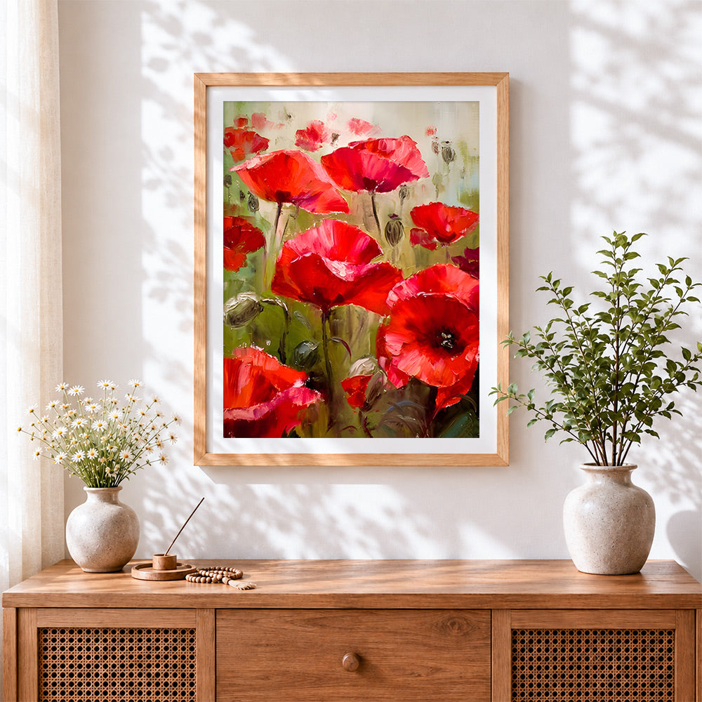 Finished red poppies in a field cross stitch artwork displayed