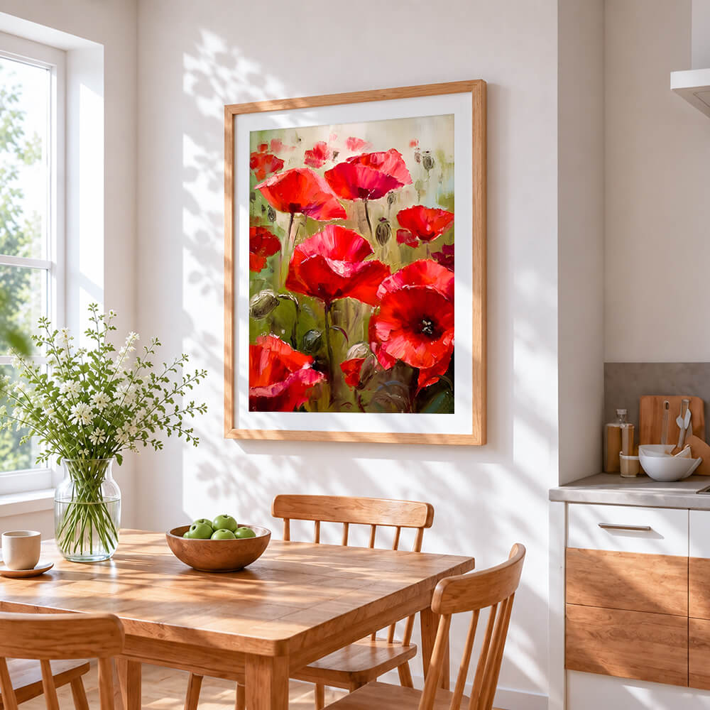 Red poppies in a field cross stitch artwork displayed on wall as home decor