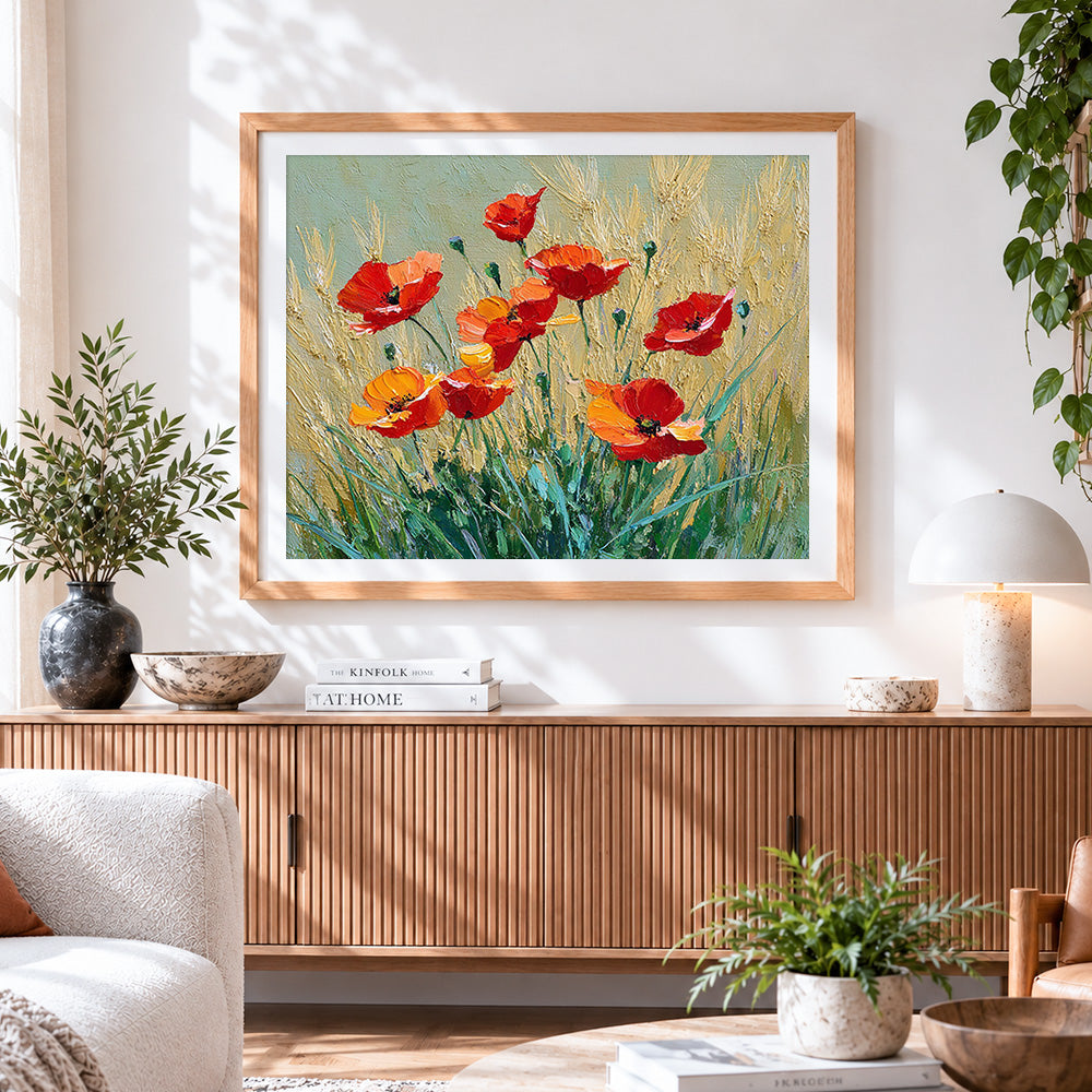 Finished red poppies in a golden wheat field paint by numbers artwork displayed as home decor