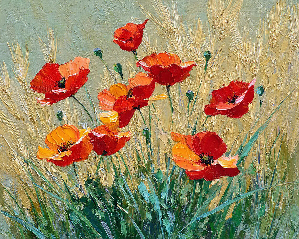 Red poppies in a golden wheat field paint by numbers kit for beginners