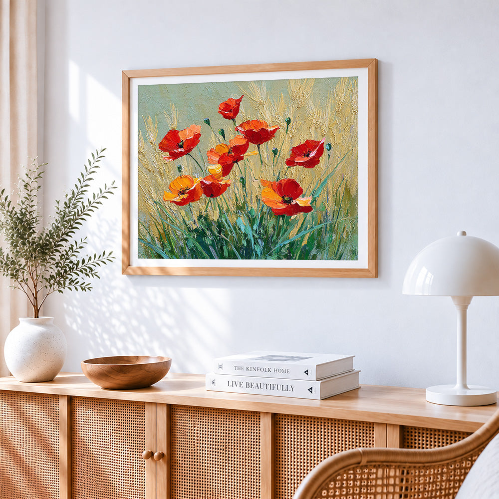 Red poppies in a golden wheat field paint by numbers artwork displayed on wall as home decor