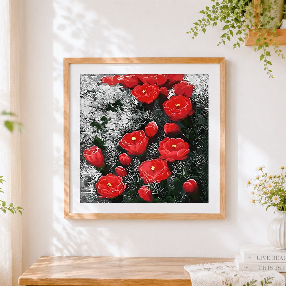 Finished red poppies on grey background cross stitch artwork displayed