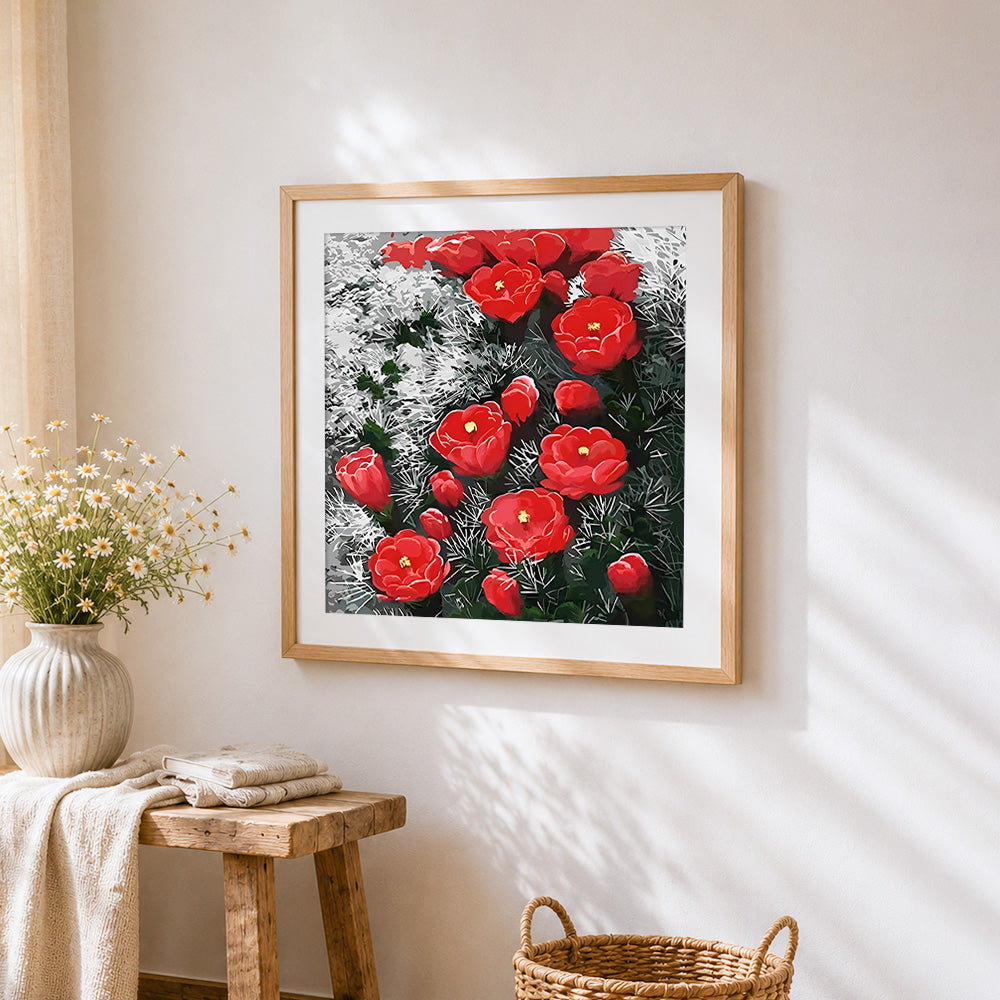 Red poppies on grey background cross stitch artwork displayed on wall as home decor