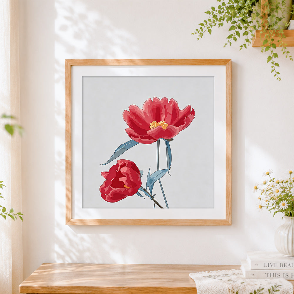 Finished red poppies with blue leaves cross stitch artwork displayed