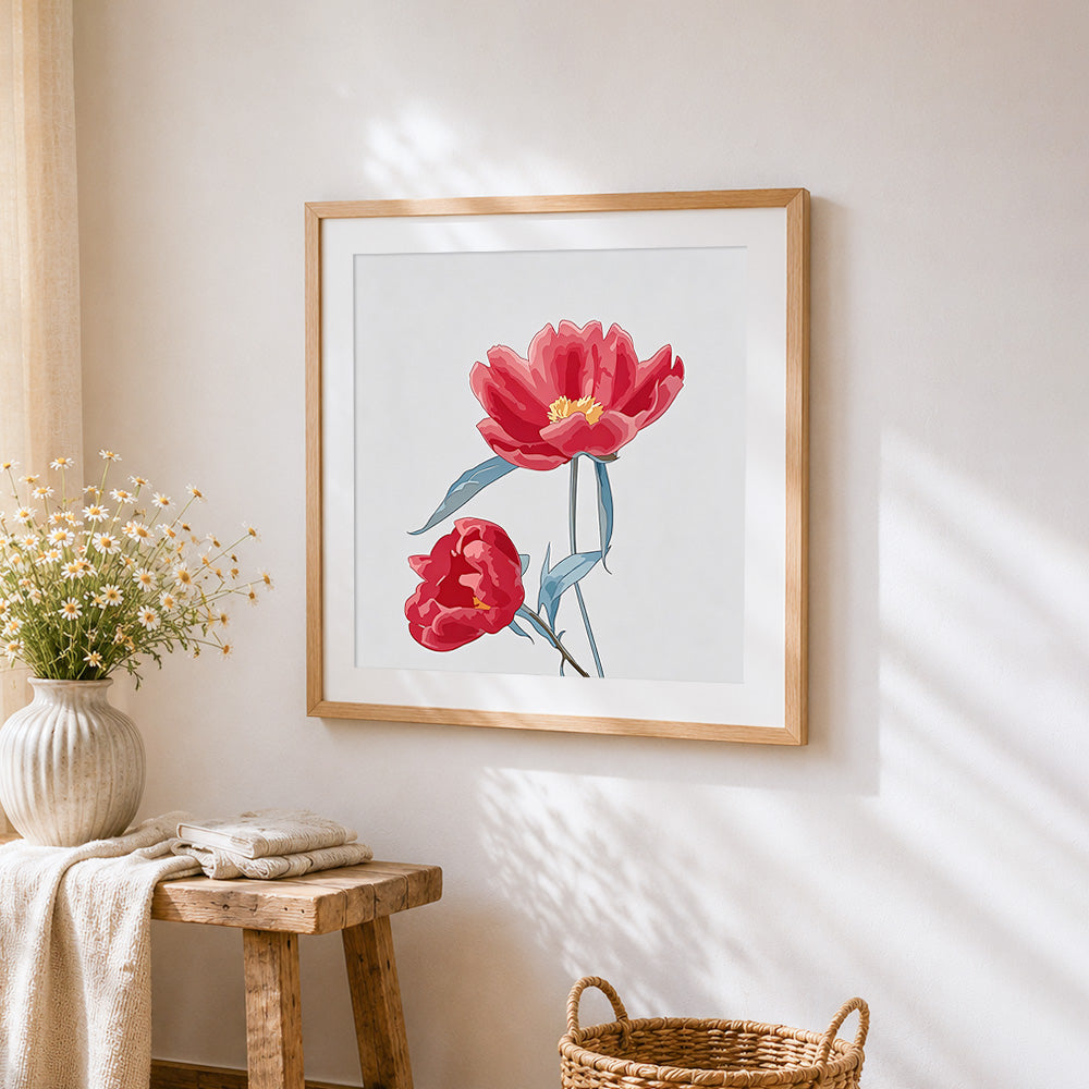 Red poppies with blue leaves cross stitch artwork displayed on wall as home decor