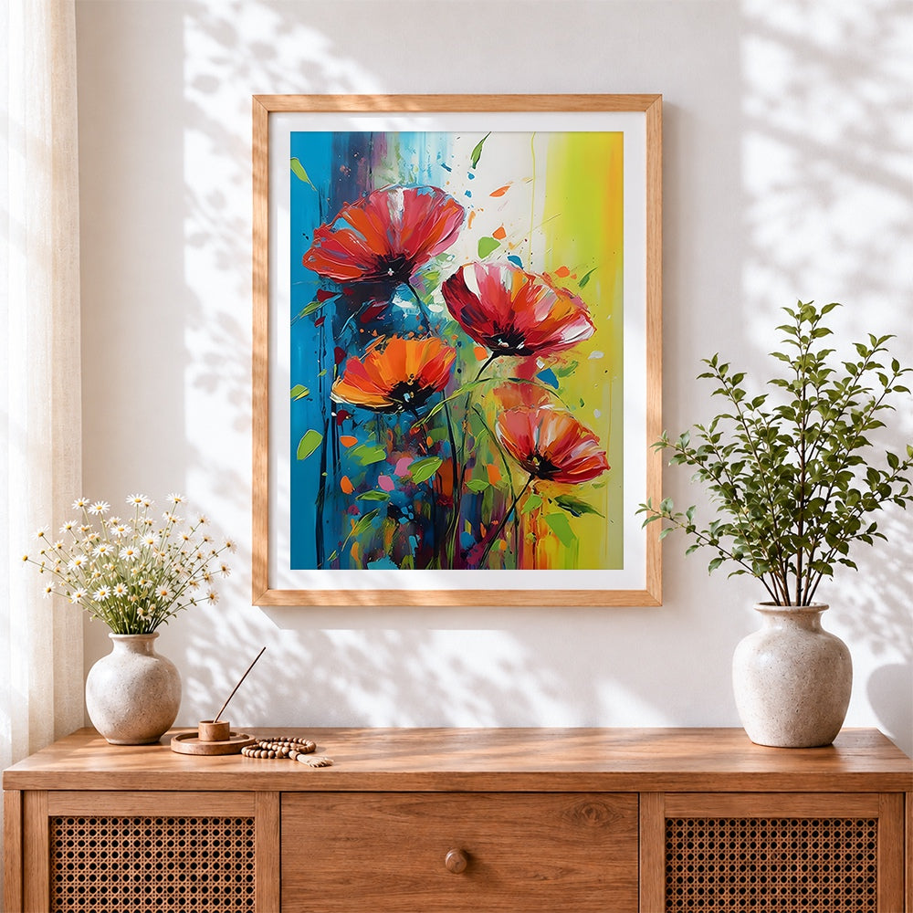 Finished red poppies with green splashes cross stitch artwork displayed