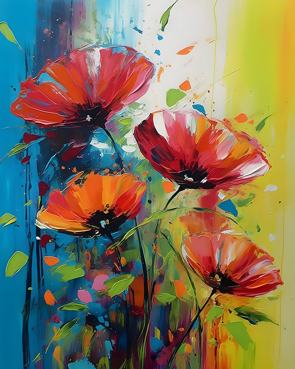 Red poppies with green splashes cross stitch kit for beginners