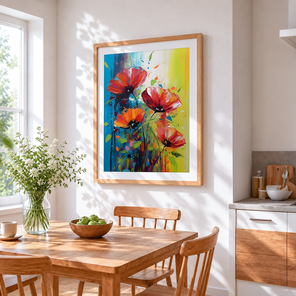 Red poppies with green splashes cross stitch artwork displayed on wall as home decor