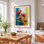 Red poppies with green splashes cross stitch artwork displayed on wall as home decor