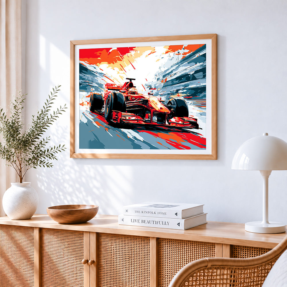 Red racing car paint by numbers artwork displayed on wall as home decor