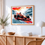 Red racing car paint by numbers artwork displayed on wall as home decor