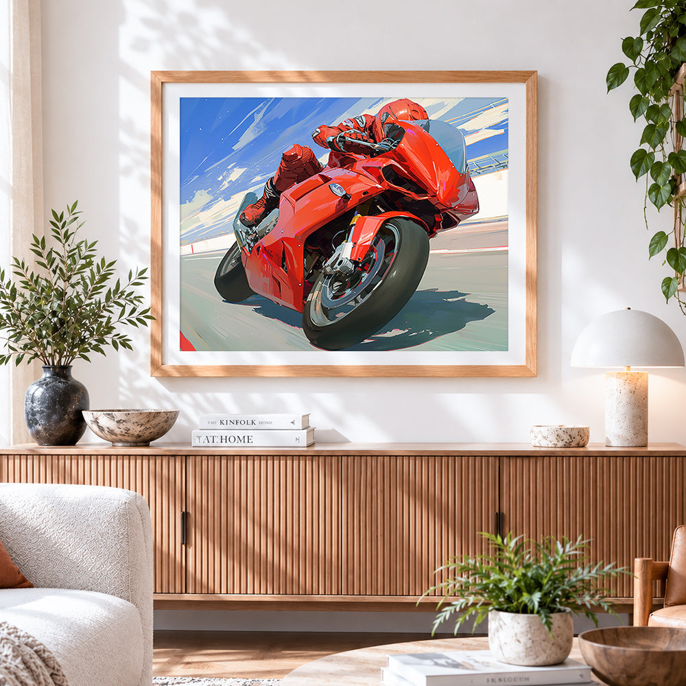 Finished red racing motorcycle cross stitch artwork displayed