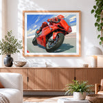 Finished red racing motorcycle cross stitch artwork displayed
